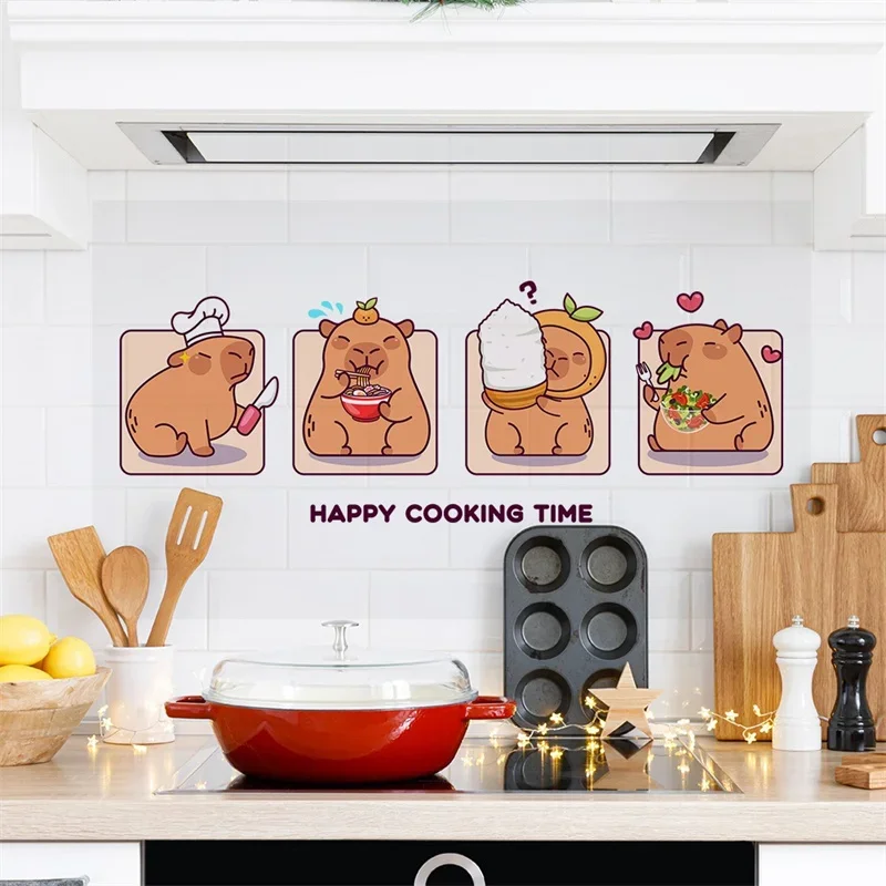 Cute Cartoon Capybara Wall Stickers PVC Kitchen Cabinet Stove Fire Prevention Self-adhesive Decals Wallpaper for Home Decoration
