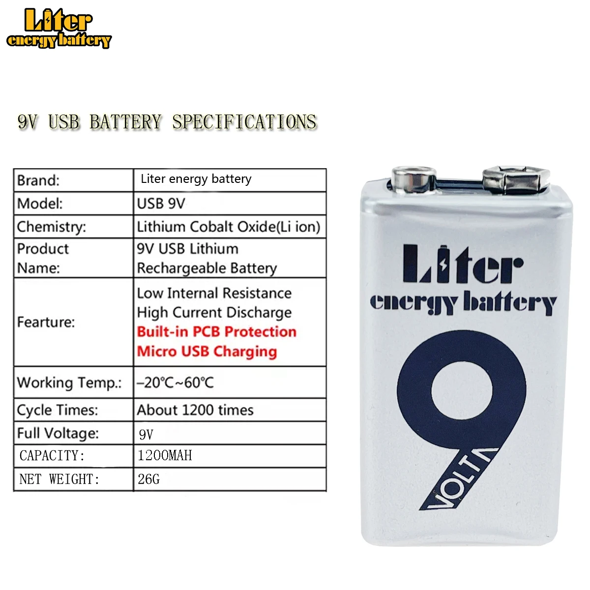 Bateria 9v Litio Recargable X Usb 1200 Mah Maxima Capacidad.