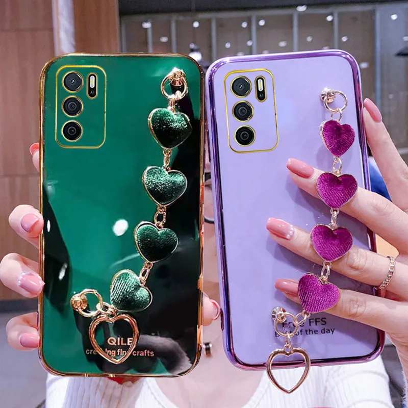 Custodia Per Oppo A16 Cover Luxury Plating Heart Metal Bracciale Cover Per Oppo A16 Case A16S A 16S A16 A54S Chain Protective