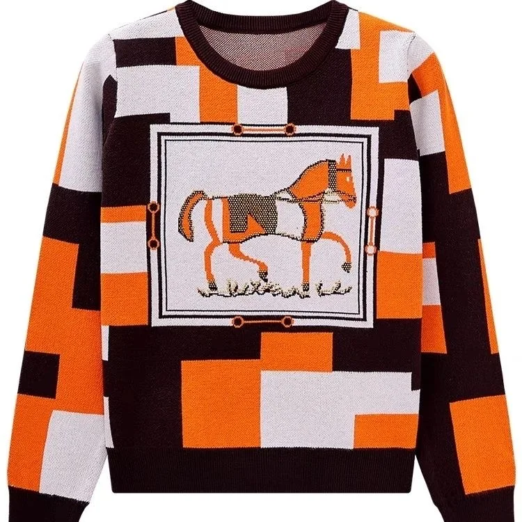Horse Luxury Brand Designer Knitwears Pullover Sweater For Women 2023 Autumn Winter Vintage Knit Round Neck fashion Top Y2k