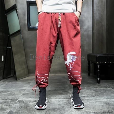 new chinese style men wushu tang suit pants summer loose straight leg pants antique printing leisure cotton linen trousers