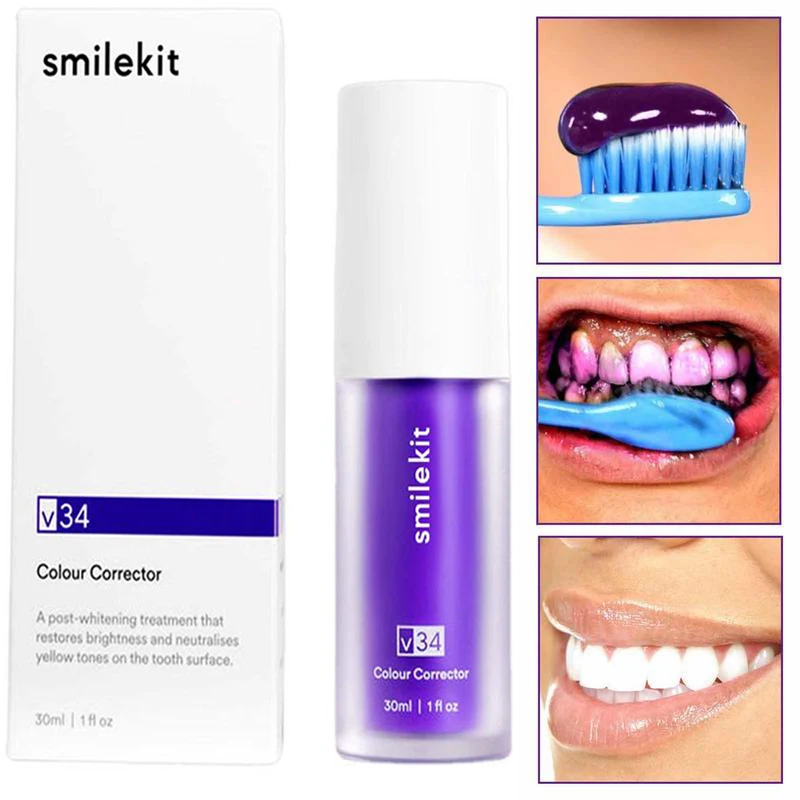 

V34 Toothpaste Purple Color Corrector Toothpaste For Teeth White Brightening Tooth Care 30ml Toothpaste Reduce Yellowing