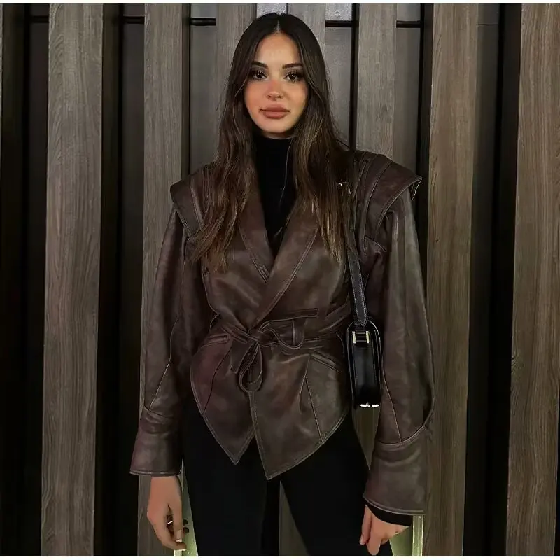 Chic Womens Faux Leather Jacket - Autumn Winter PU Coat with Dropped Shoulders