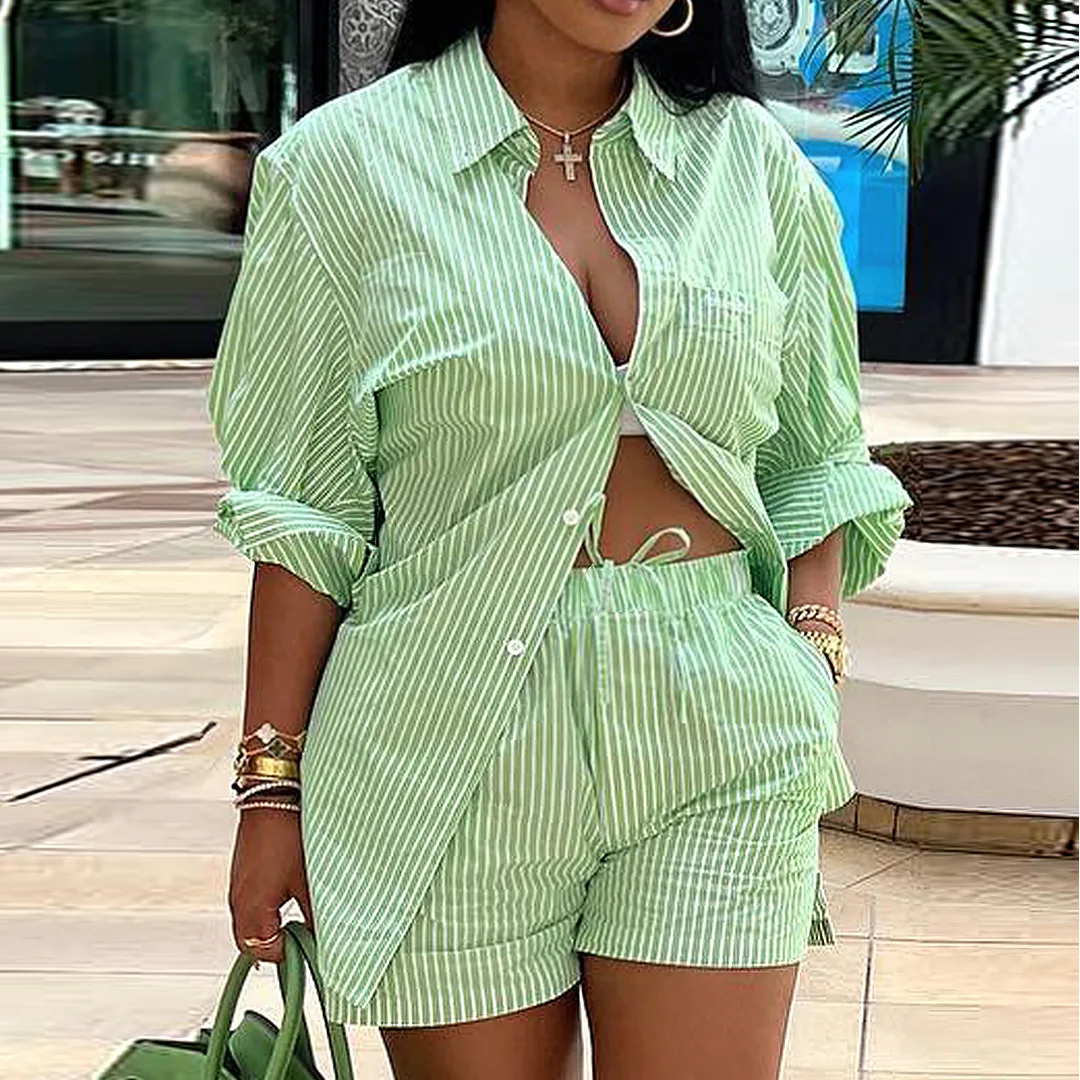 

2023 Summer Ladies Suit Two-piece New Fashion Women Printed Cardigan Top Pack Hip Straight Shorts Set