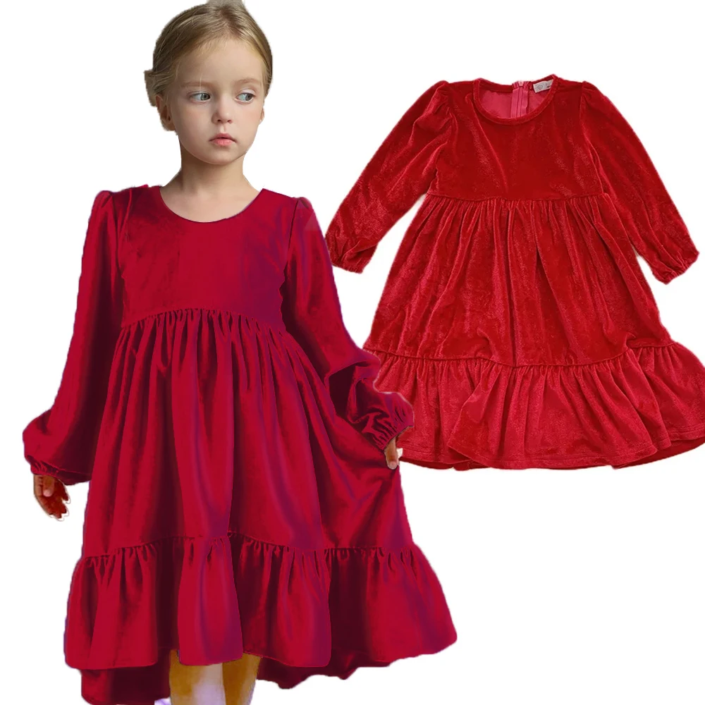 

Long Sleeve Velvet Christmas Carnaval Sequin Dress For Girls Princess Evening Party Dresses Children Red Costume 2 to 9 Year