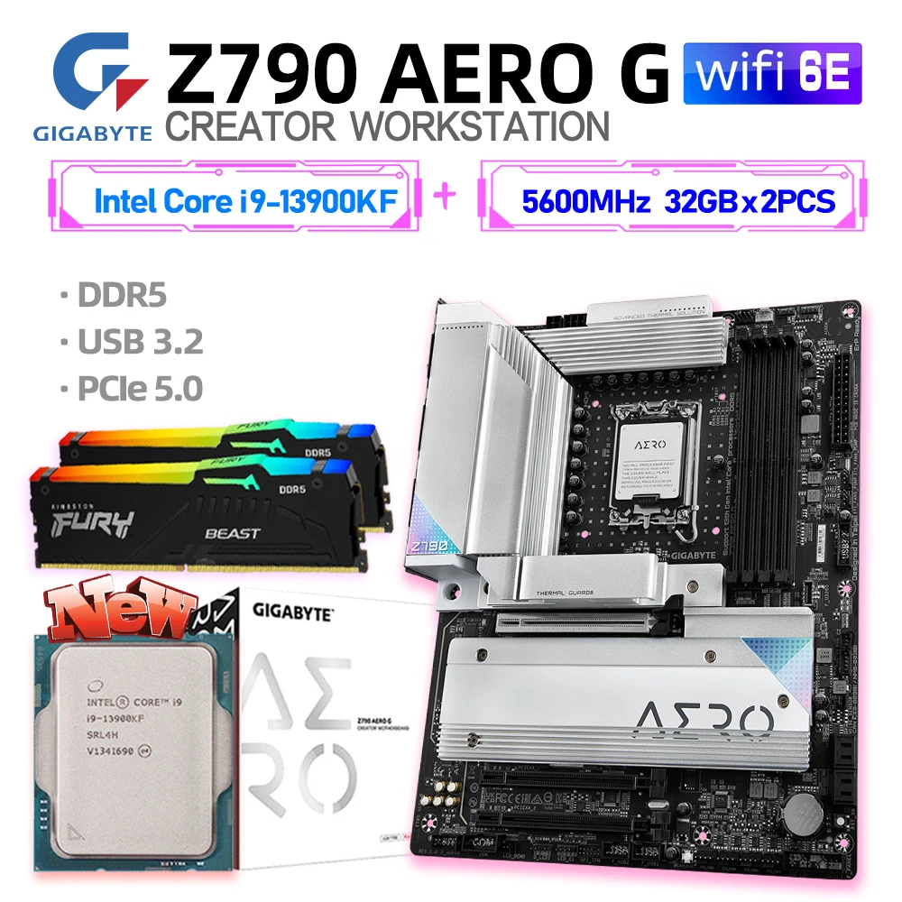 

LGA1700 Gigabyte Z790 AERO G Motherboard DDR5 Kit Intel Core i9 13900KF CPU Set 5600MHz 32GB x 2pcs RGB RAM White Mainboard PCIe