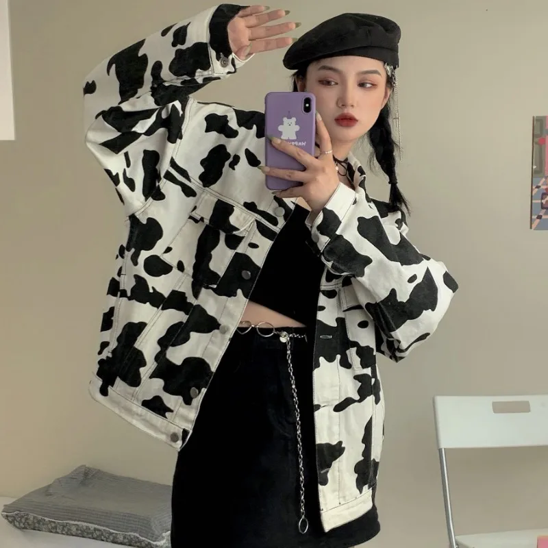 

Spring Autumn Women's Long Sleeve Denim Jacket Cow Print Jean Jacket BF Harajuku Denim Jacket Loose Moto Outwear Biker Jackets
