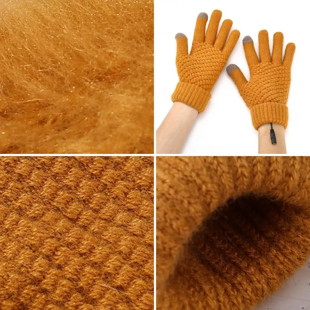 A series of photos showcasing different types of knitted heated gloves.