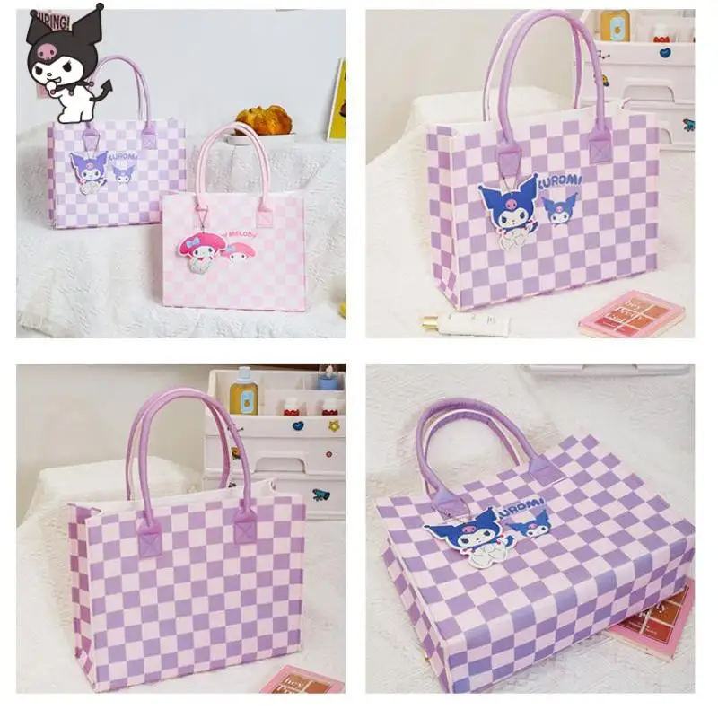 

Cute MINISO Anime Hello Kitty Women's Tote Melody Kuromi High Capacity Cartoon Shoulder Bags Plaid Pattern Handbag Girls Gift