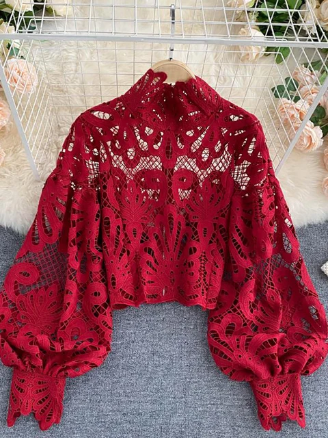 Sexy Lace Hollow Out Short Blouse Casual Lantern Long Sleeve Stand Collar Shirts Female Elegant Red/Pink/White Loose Tops 2020 1