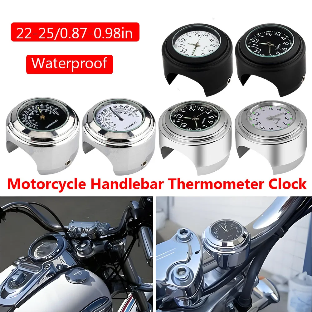 Waterproof Motorcycle Handlebar Clock & Thermometer Instrument Panel, 22-25mm Handlebar Mount