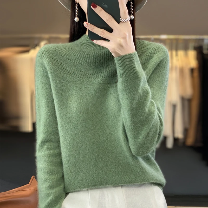 

100% Merino pure wool semi-high neck autumn and winter new loose women's openwork sweater full knitting base.