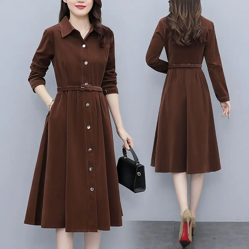 

Hepburn Style Waistband Slimming Dress For Women's Autumn and Winter New Retro Temperament Single Breasted Mid Length Skirt