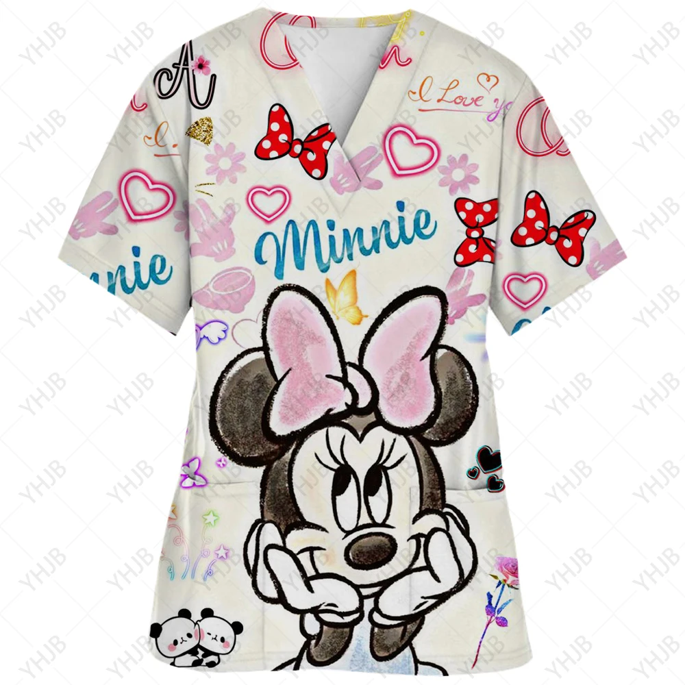 thumbnail image 1 of Uniforme de trabajo con estampado de Mickey Mouse de Disney, blusa de enfermera de manga corta con cuello en V para mujer, ropa de trabajo de enfermera, blusa médica, 1 of 5