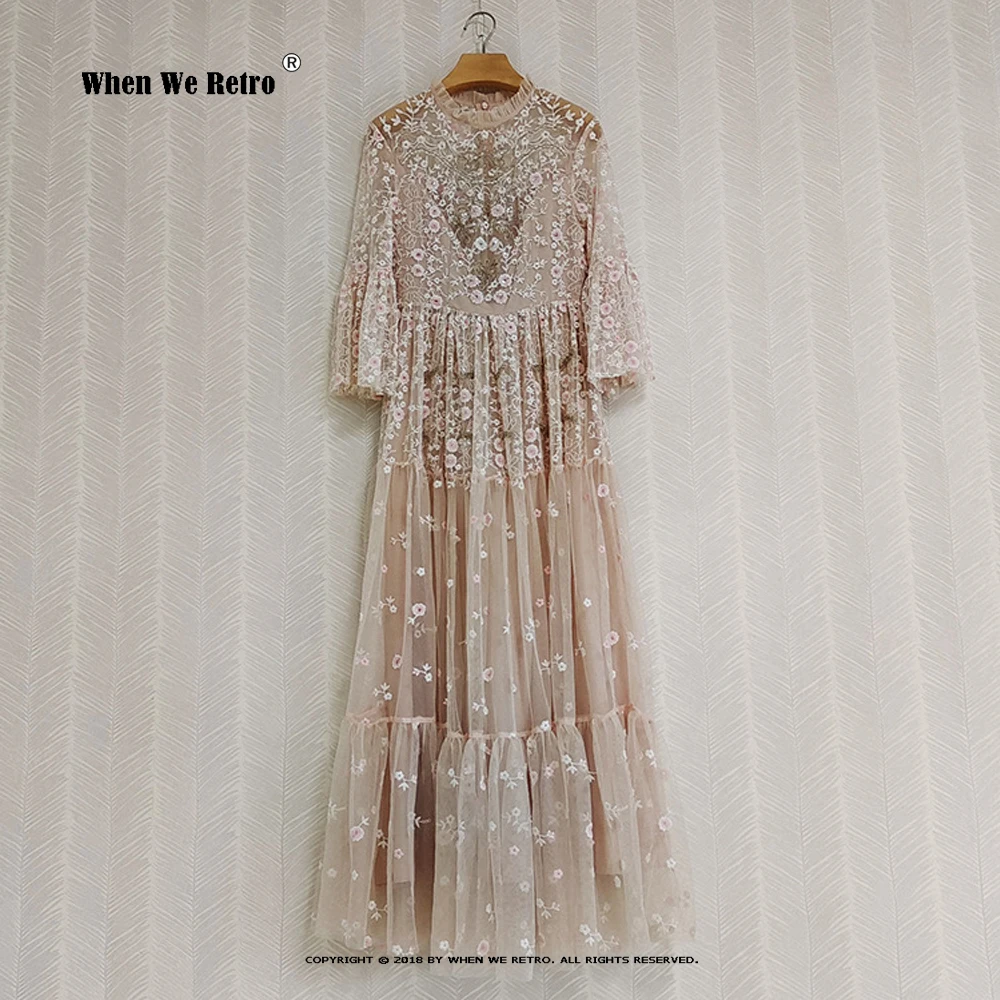 

Designer Fashion Maxi Dress Runway New Long Flare Sleeve Ruffled Luxury Beading Sequined Mesh Embroidery Party Dresses VP0131