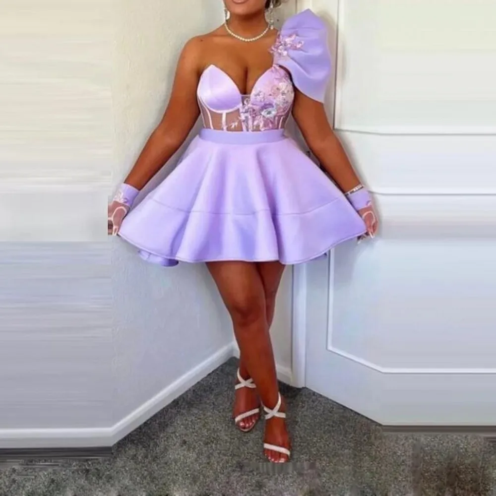 Cocktail Dresses Prom Gowns One Shoulder Lace Appliques Exposed Boning Without Gloves