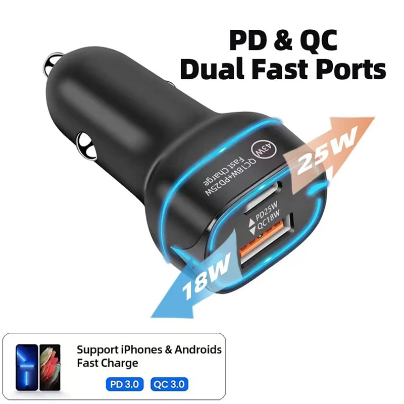 43W 차량용 충전기 USB C 듀얼 포트 고속 충전 자동 어댑터 PD 25W QC 18W LED 라이트 기능 탑재 다양한 휴대폰 호환