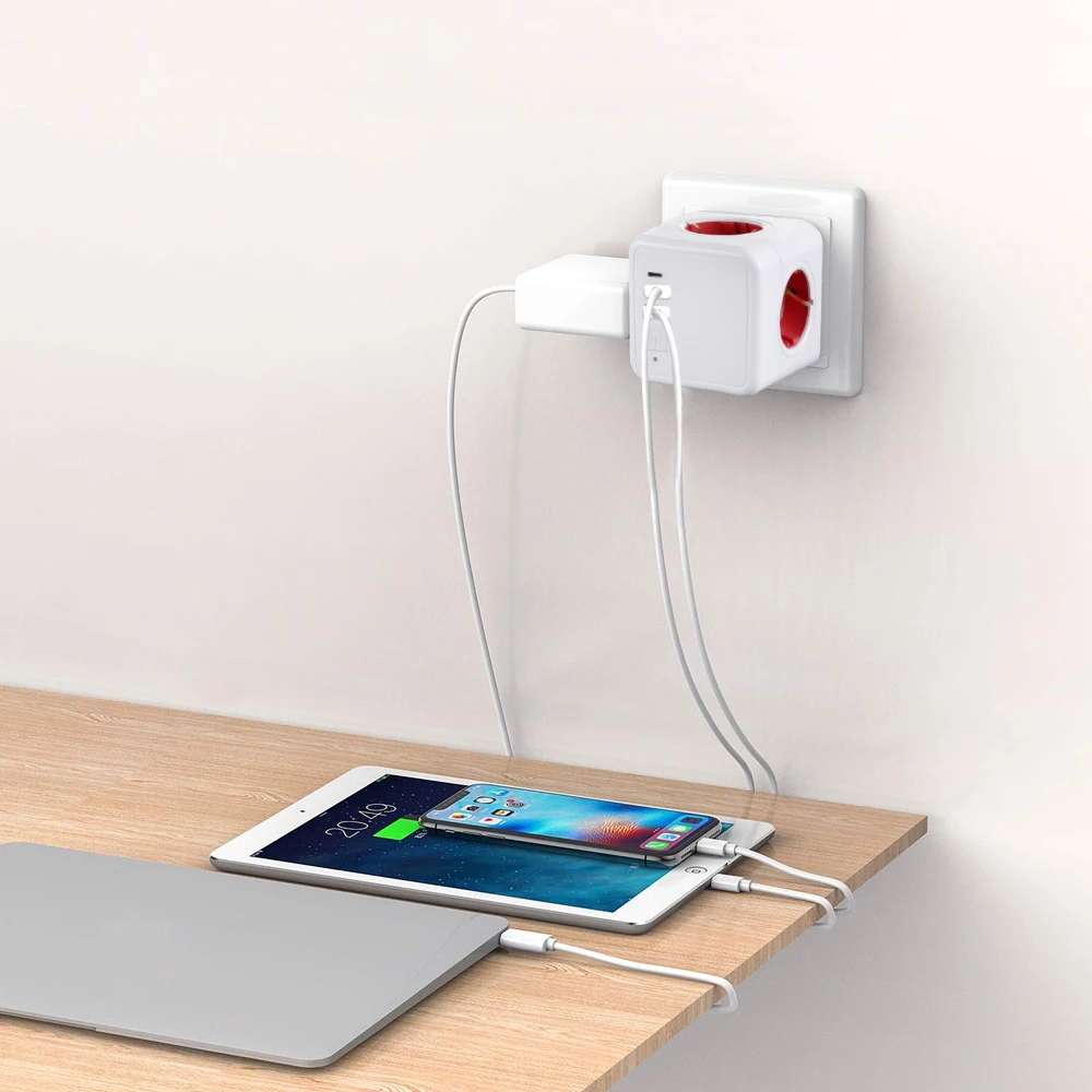 3680W 16A Power Strip Plug USB Electric Network Filter Switch+Type C Socket Tee Powercube Outlet Extension Adapter European