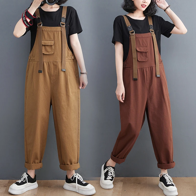 Fashion Streetwear Women's Jumpsuits 2023 Spring Loose Wide Leg Baggy Cargo Pants Straps Denim Overalls Brown Black Dungarees casual loose plus size jeans jumpsuits women spring autumn print floral denim overalls wide leg dungarees straps baggy pants