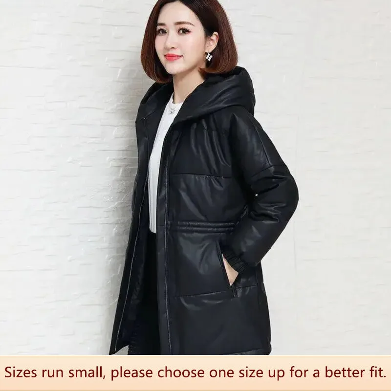 Women's jacket thick mid-length padded cotton hooded down jacket