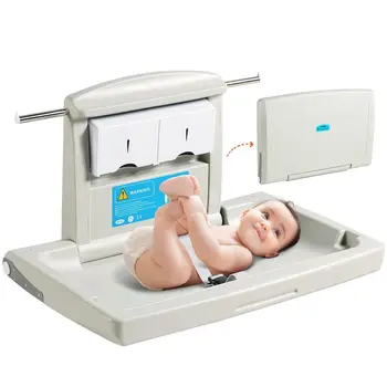 Wall-Mounted Baby Changing Station,Horizontal Foldable Diaper Change Table with Safety Straps and Hanging Rods, Use in Bathrooms 1