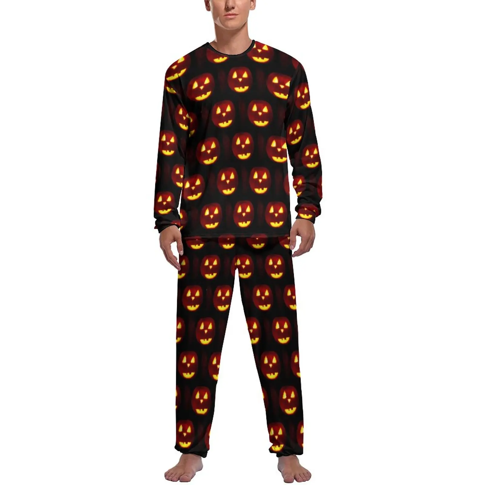

Пижама с принтом тыквы, Весенняя традиционная Повседневная Мужская Ночная одежда на Хэллоуин, 2 предмета, милые пижамные комплекты с длинным рукавом и принтом