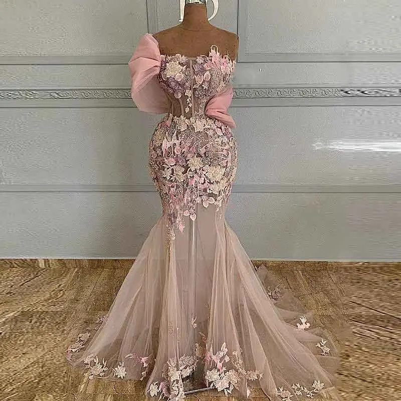 satin prom dress Charming 3d Appliques Pink Mermaid Prom Dresses Sexy See Through Aso Ebi Off The Shoulder Evening Gowns Arabic Party Dress royal blue prom dresses