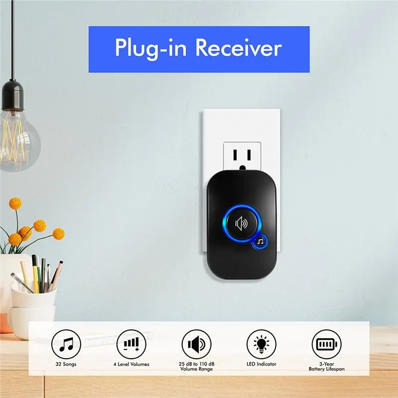 PHILE-IP55 방수 도어벨 차임벨, 60가지 멜로디, 5단계 음량 조절, 가정용 LED 점멸 디자인, EU 플러그 호환