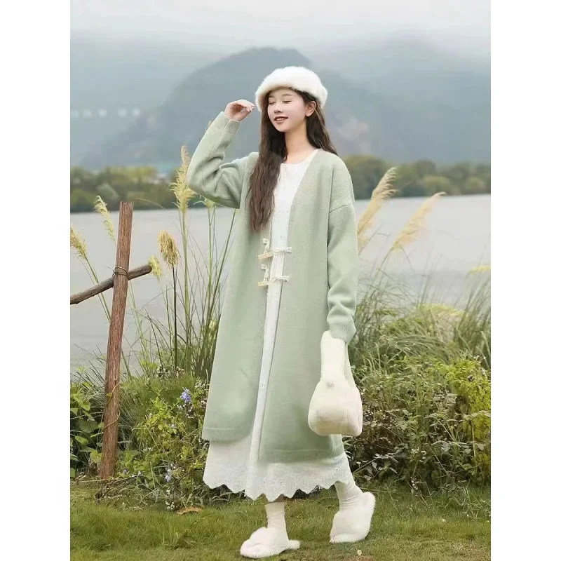 Laziness Style Long Sheep Velvet Knitted Sweater Coat Loose Winter Maternity Wear for Small Figures