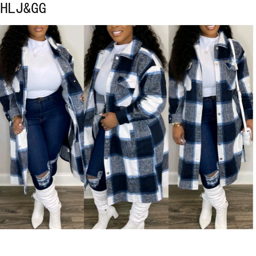 HLJ&GG Autumn Winter Casual Plaid Print Woolen Coats Women Turndown Collar Button Long Sleeve Loose Tops Female Pocket Clothing