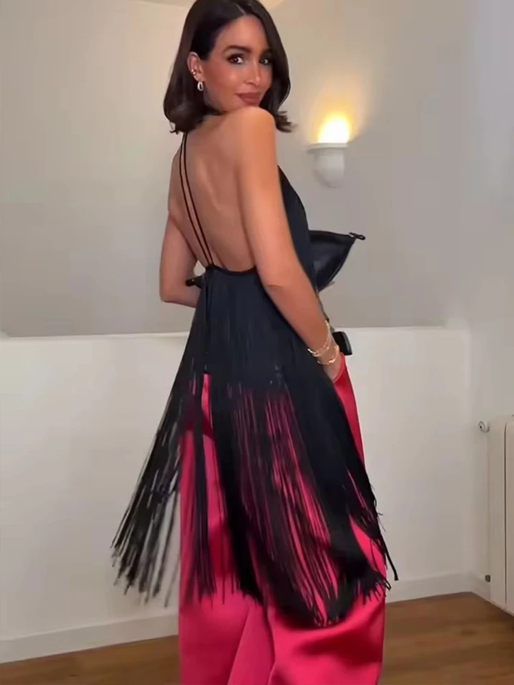 Black Velvet Tassel Halter Tops For Women Office Commute Elegant Chic Tank Top Personality Backless Sexy Party Top