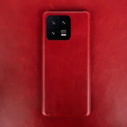 Premium Oil Wax Genuine Leather Retro Shockproof Phone Case - Stylish Protective Cover for Xiaomi 14 Pro (Red 11)