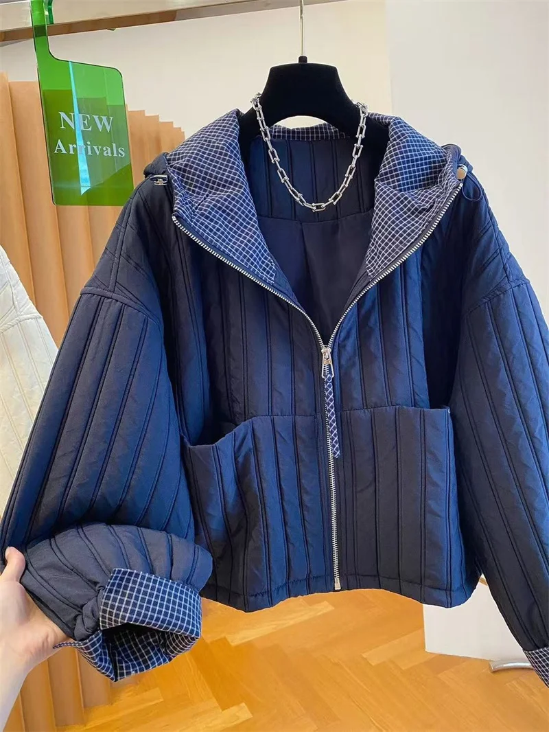 Women's Jacket Hooded Cotton Jacket Women's Plaid Stitching Cotton Jacket Autumn new Thin Cotton Coat in Cotton-padded Jacket