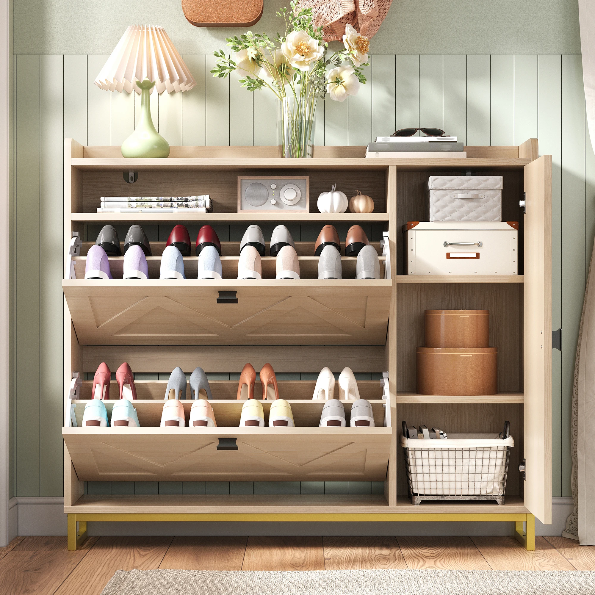 Schuhschrank mit doppeltem Klappdeckel, Seitenschrank, offenem Oberfach, geprägten Türen und Metallrahmen. – Detail 7