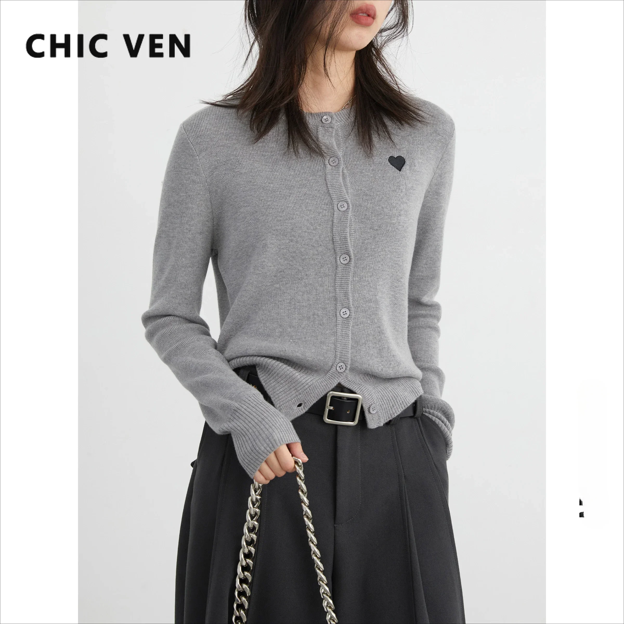 CHIC VEN Women Cardigan Loose Simple Contrasting Color Embroidered Knitted Sweaters Slim Fit Female Jumpers Spring Autumn