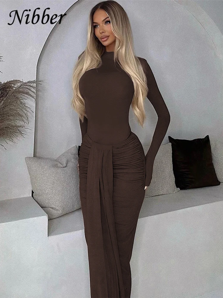 Nibber Casual Elegant Women 2 Piece Set Solid O-Neck Full Sleeve Bodysuit+Pleats Tassel Skinny Skirts Matching Hipster Suits