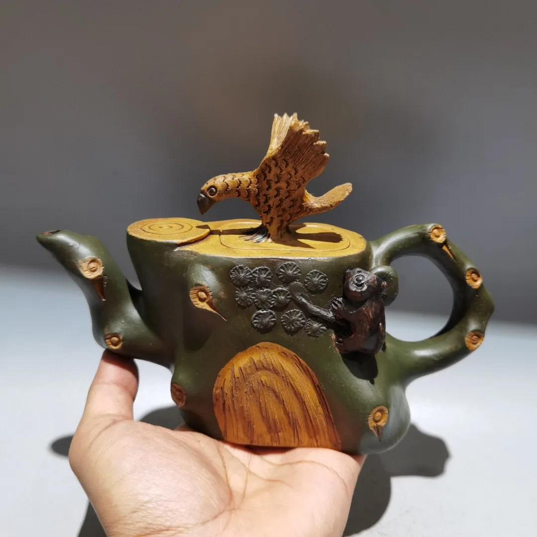 

8"Chinese Yixing Purple Clay Teapot Eagle Statue Cover Pine pattern Kettle Tree Root Pot Teapot Flagon Gather fortune Ornaments