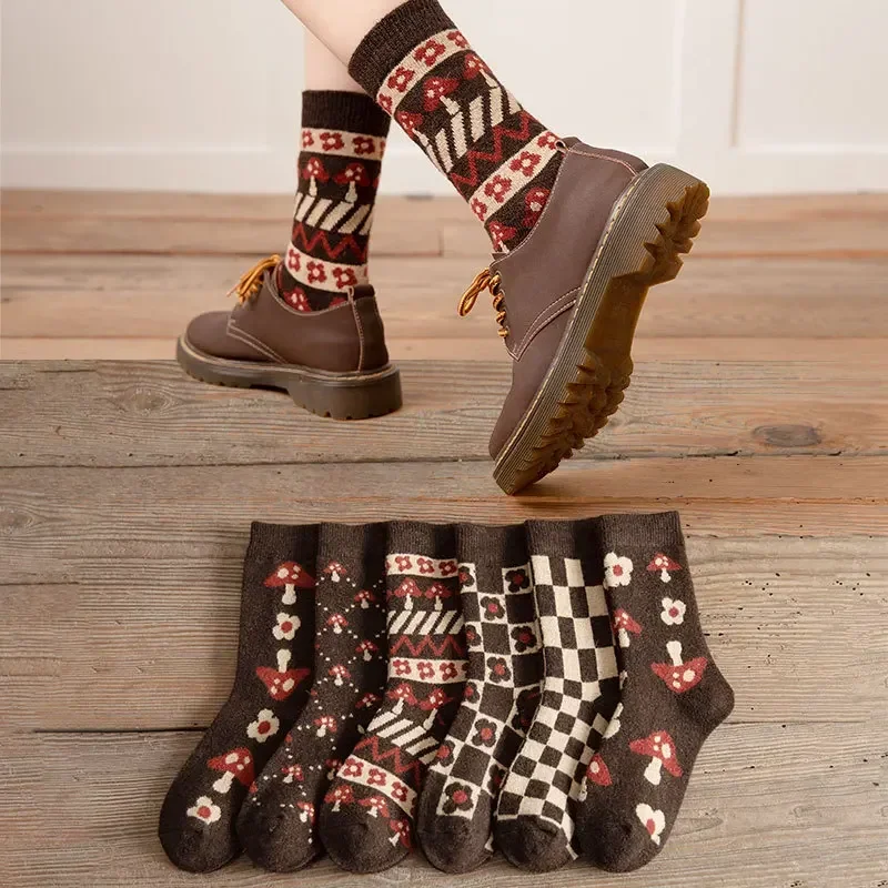 

Autumn Winter Warm Women Cotton Socks Checkerboard Mushroom Cute Sock Thickened Warm Wool Sock Tube Socks Casual Socks носки