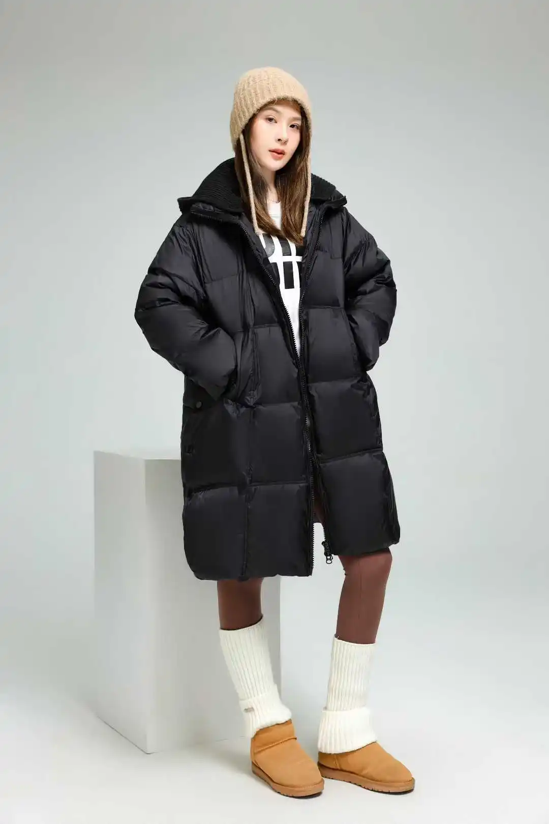 Winter Knitted Hooded Splice Down Jacket Women White Duck Down Double Zipper Outwears Female Warm Mid-length Parker Down Jacket