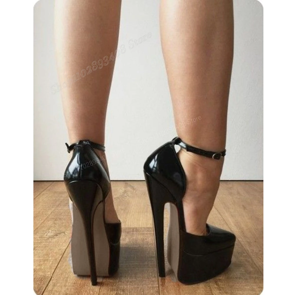 Black Waterproof Sexy Pumps Ankle Buckle Stiletto High Heel Solid Patent Leather Women Shoes 2024 Fashion Zapatos Para Mujere