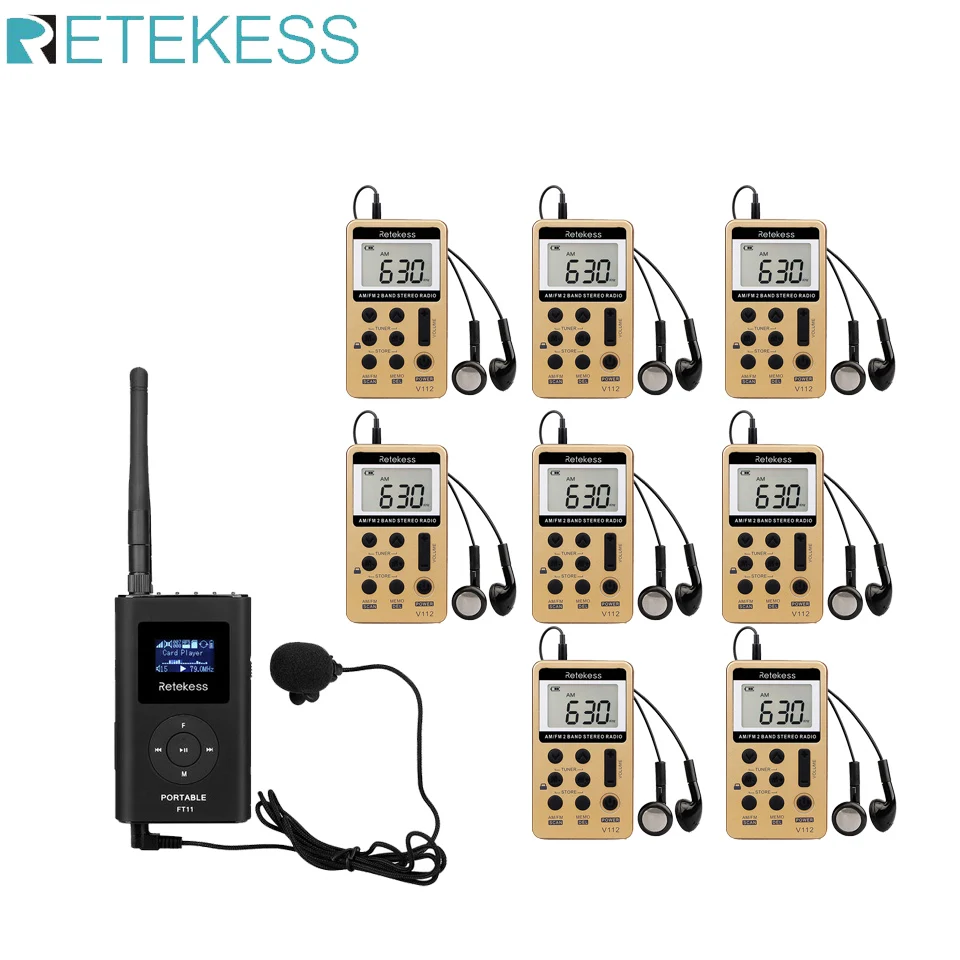 

RETEKESS Tour Guide System Wireless Audio System FT11 FM Transmiter 1pc V112 FM Receiver 8pc For Tour Guide Church Hajj Meeting