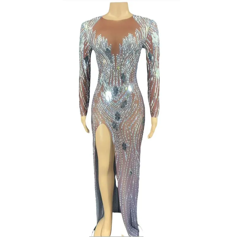 

Sexy Transparent Evening Long Dress Birthday Celebrate Mesh Outfit Dancer Singer Costumes Women New Silver Mirror Stones Dress