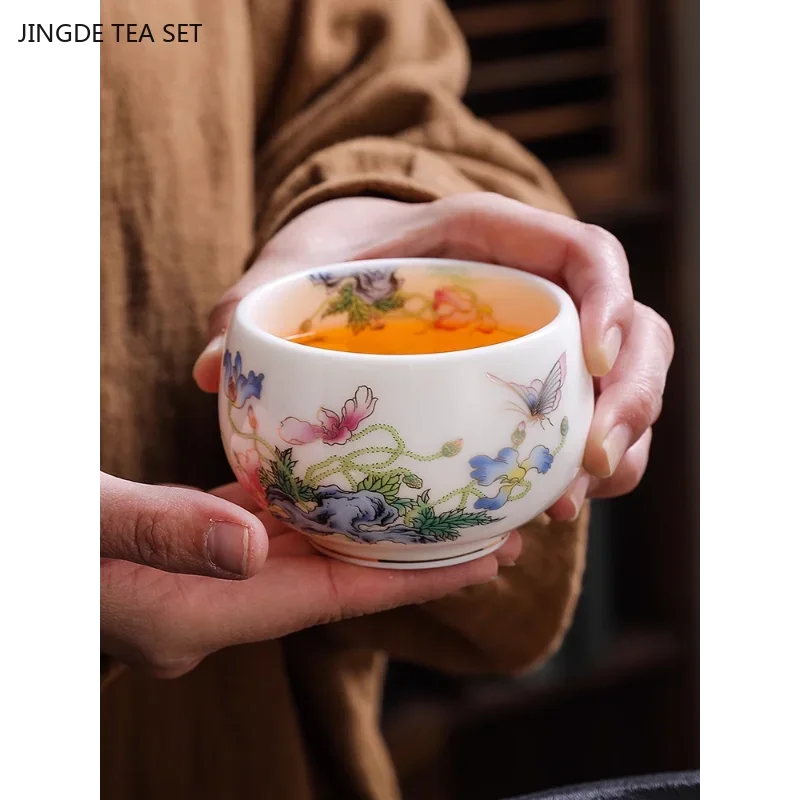 1PCS 150ML Boutique Ceramic Tea Cup Yangzhi Jade Masters Single Cup Handmade Pink Retro Chinese Beauty Tea Set