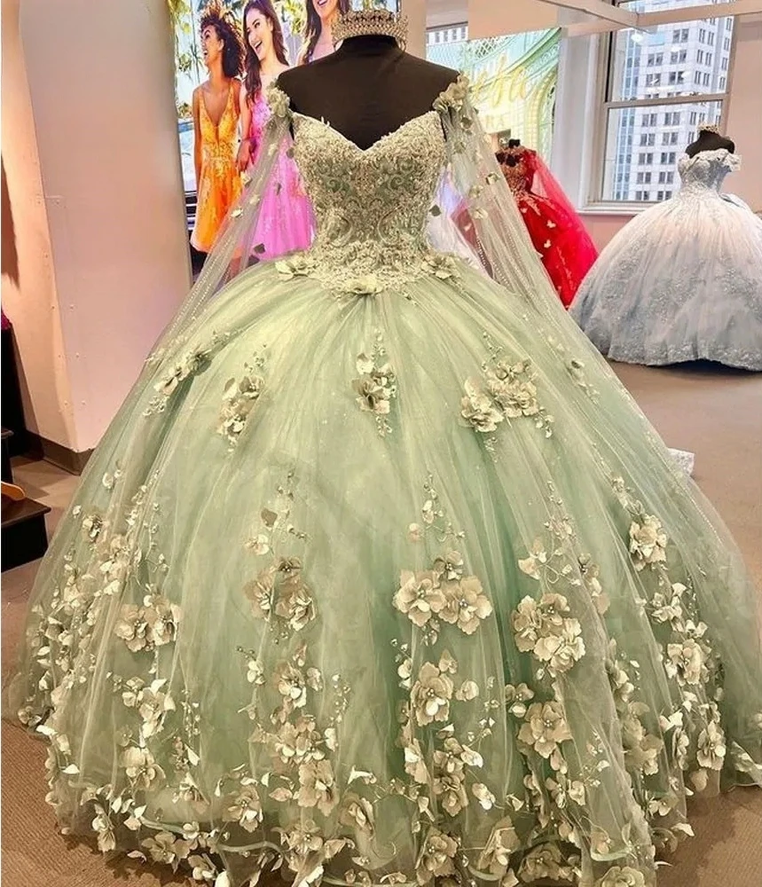 Mint Green Princess Quinceanera Dresses Ball Gown V-neck Appliques Floral Pearls Sweet 16 Dresses 15 Años Custom