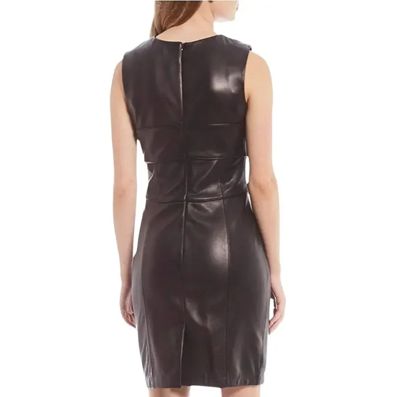 Real Leather Dress Women Tan Round Neck Sleeveless Fit Dress Summer Fashion Party Genuine Lambskin Leather Dress