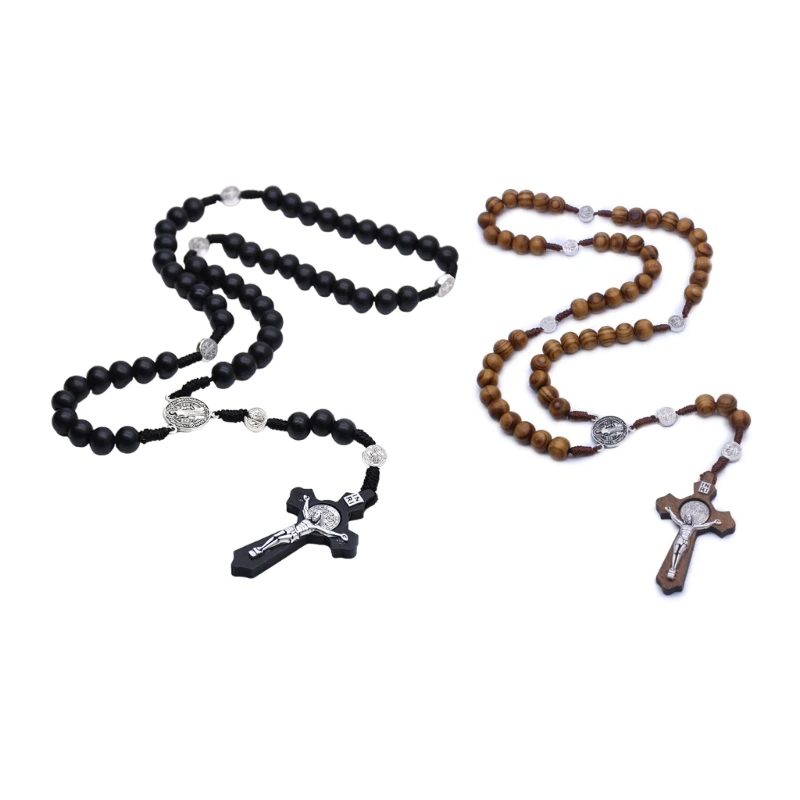 

E5BB Handmade Wood Rosary Necklaces Catholic Pendant Necklaces Christian Religious Prayer Gift for Men Women Jewelry