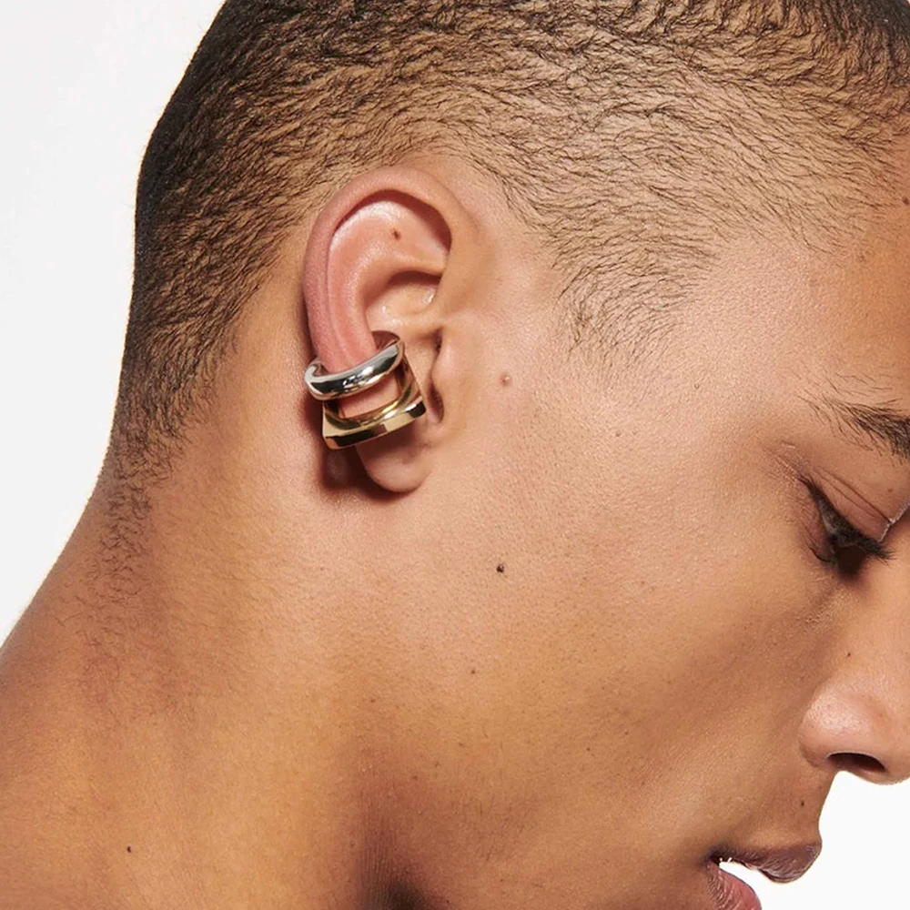 Personality Rock Double-layer CC Clip Earrings Women Two-color Non Piercing Earclip PVD Stainless Steel Girls Statement Jewelry