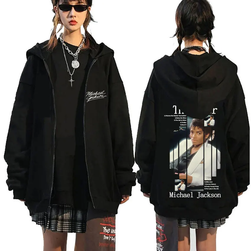 Classic Michael Jackson Thriller Album Graphic Zipper Hoodie Men Women Retro Gothic Rock Oversized Zip Up Jacket Coat Streetwear
