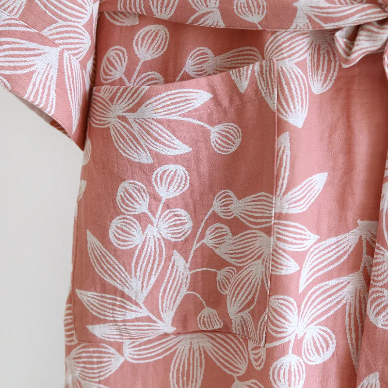 Women's Pure Cotton Gauze Pajamas Thin Jacquard Bathrobes Autumn Long Sleeve Japanese Kimono Robe Loose and Casual Home Wear