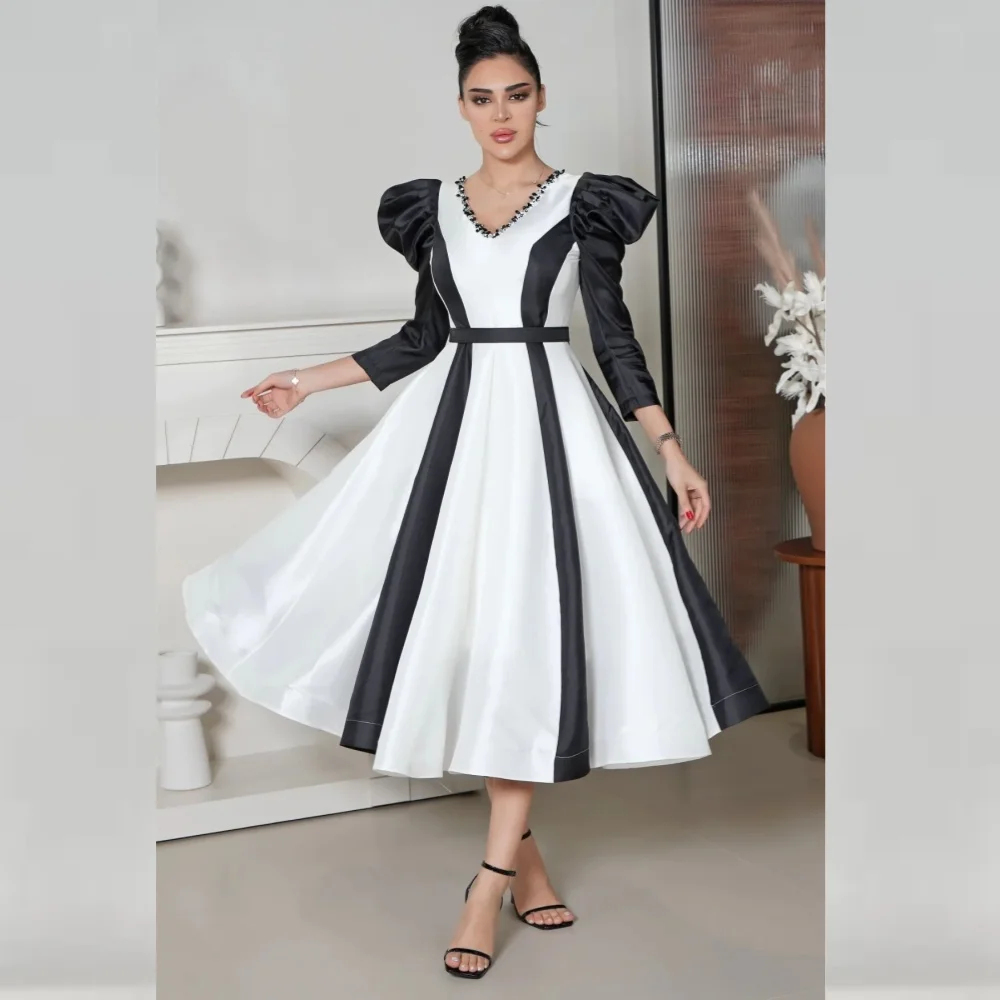 

Ball Dress Satin Beading Draped Pleat Party A-line V-Neck Bespoke Occasion Gown Midi Dresses Saudi Arabia Evening